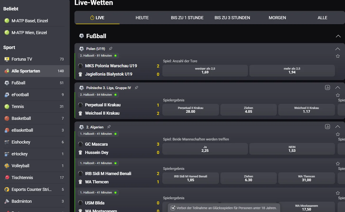 Laufende Sportereignisse und Wettquoten in der Live-Ansicht von Fortuna