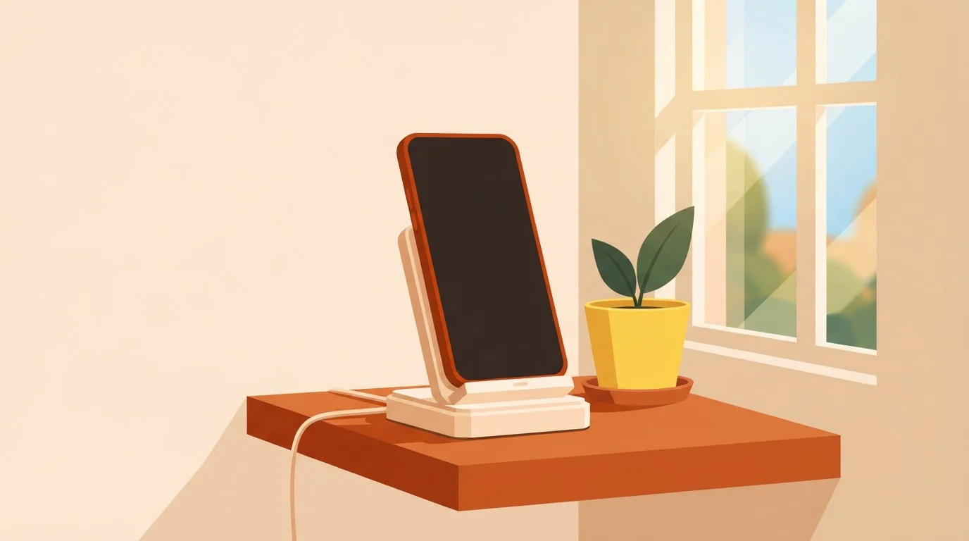 Smartphone auf einer Ladestation am Fenster