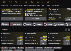 Live-Bereich mit laufenden Begegnungen und Wettquoten bei Fortuna